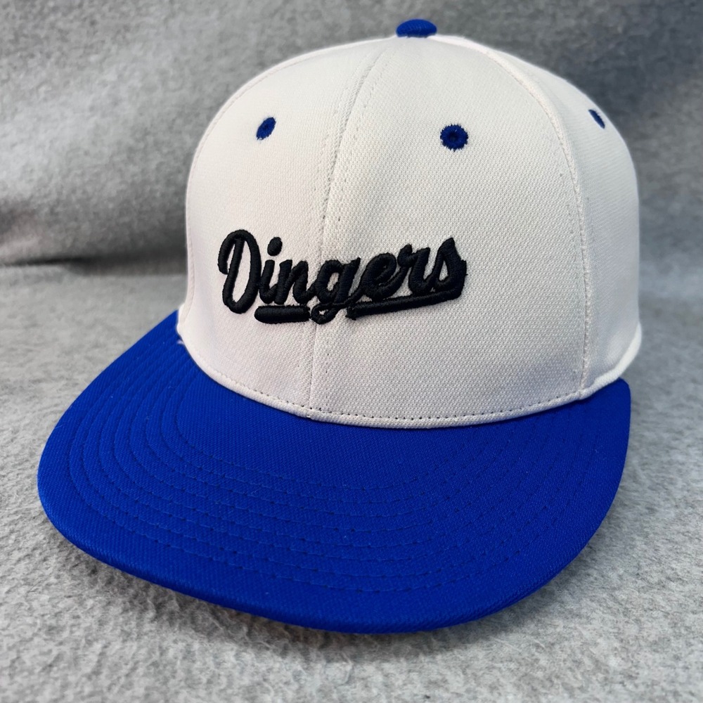 Dingers Script Unisex White Blue OC Sports Baseball Cap Flat Brim Hat S/M